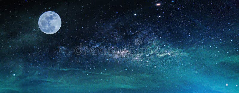 Landscape with Milky way galaxy. Night sky with stars and the full moon. Elements of this moon image furnished by NASA. Landscape with Milky way galaxy. Night sky with stars and the full moon. Elements of this moon image furnished by NASA